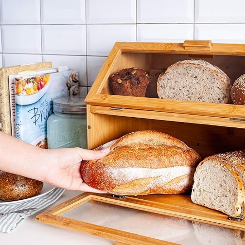 Bambusbrødboks til køkkenbord - Dobbeltlags brødopbevaring med klare vinduer - Rustik bondegårdsstil brødbakke