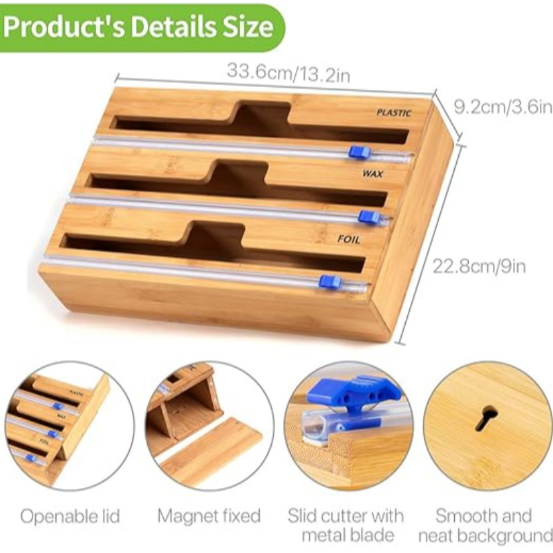 3 I 1 Wrap Dispenser med skærer, plastfolie, aluminiumsfolie og vokspapir dispenser til køkkenskuffe, bambusrullearrangørholder, kompatibel med 12 \\\\ \\\