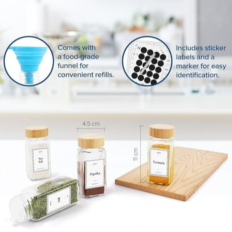 Spice Jars med låg og etiketter - 24 stykker 120 ml glasbeholdere sæt - bambuslåg - Ultimate køkkenopbevaringsløsning til krydderier og urter