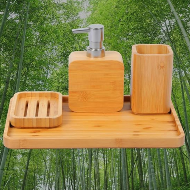 Håndlavet bambusvask&badeværelsestilbehørssæt retro sæt,naturlig, sæbe skål indehaver til bruser, lotion sæbe dispenser, mundskylskop, skylning af kop, arrangørbakke til hotel, hus, kontor